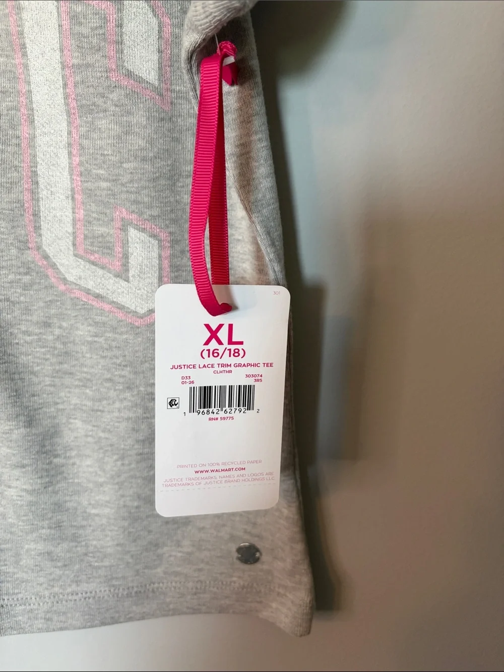 Justice Gray Tee with Pink Lettering and Hot Pink Tag Ribbon
